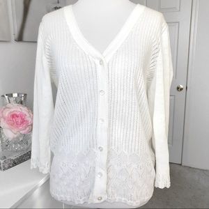 Eddie Bauer White Knitted Linen and Cotton Lace Eyelet Cardigan Size Medium